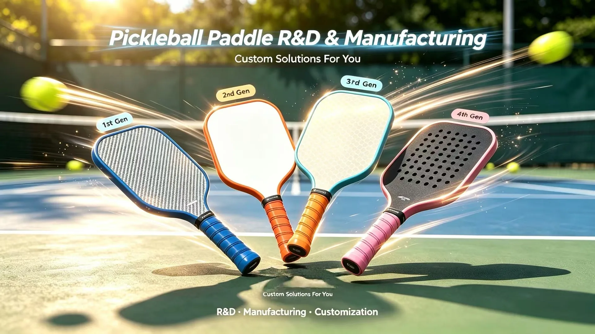 Pickleball paddle R&D and manufacturing - four paddle generations showcase