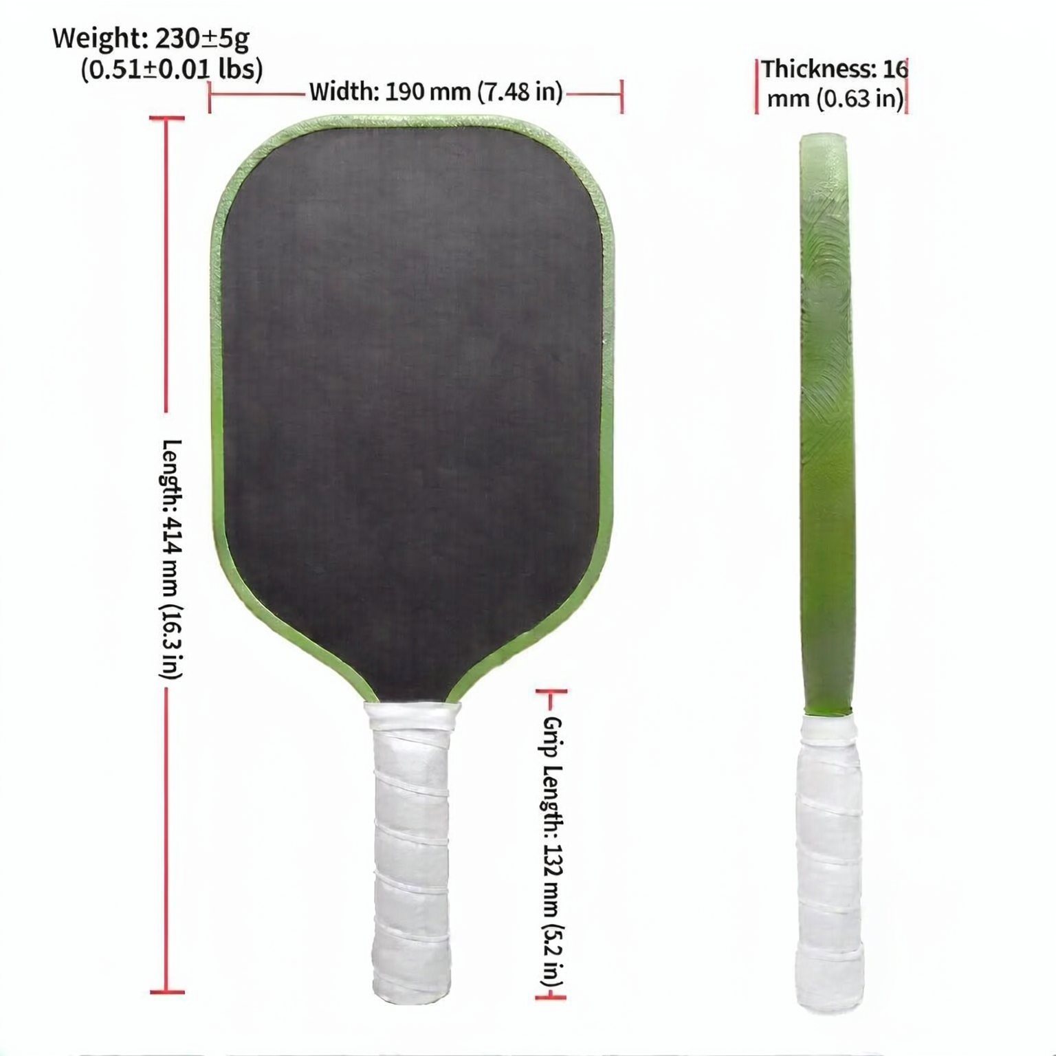 T700 pickleball paddle dimension diagram, length width thickness grip weight