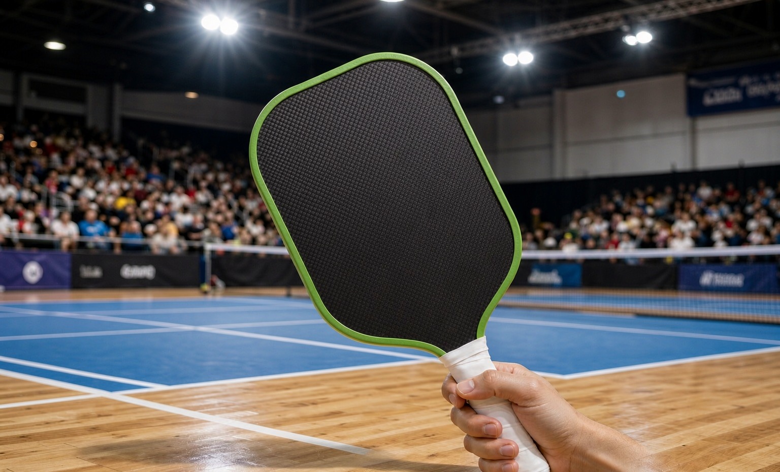 T700 carbon fiber pickleball paddle on an indoor pickleball court