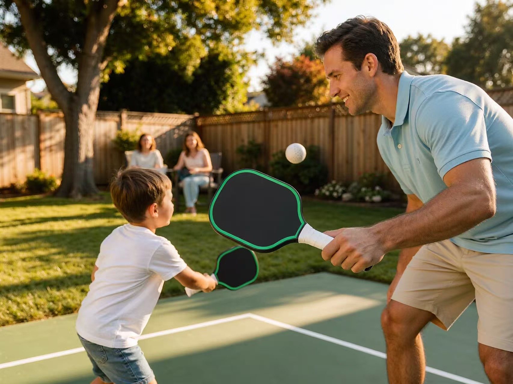 Family playing pickleball together with T700 paddles