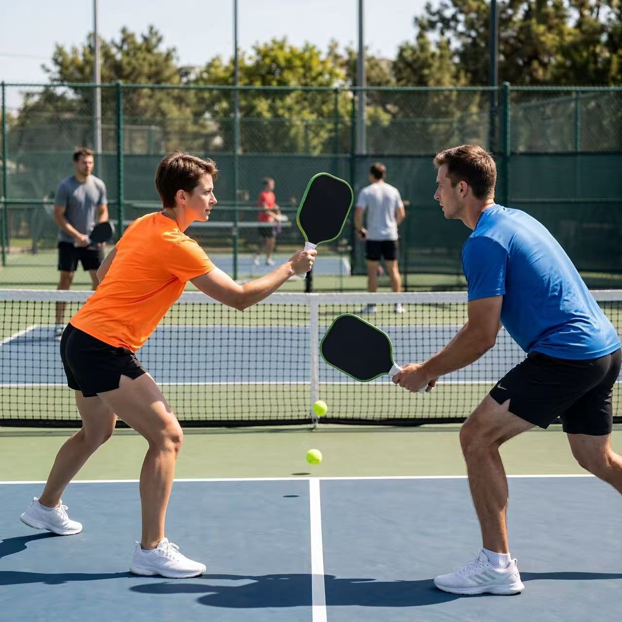 Two players in a pickleball match using T700 paddles